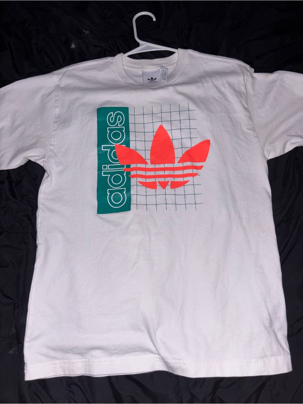 adidas White Short Sleeve Tee with Coral Trefoil and Teal Panel